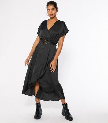 Black Satin Belted Ruffle Wrap Midi Dress | New Look